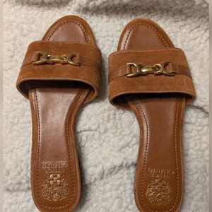 Vince Camuto Brown/Tan Suede Slide Sandals with Gold Chain Accent